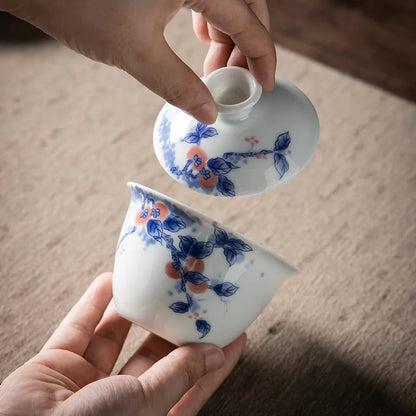 Chinese Blue and White Gaiwan Traditional Gongfu Tea Tureen Ceramic Handmade Teaware Tea Bowl Cups Porcelain Teacups