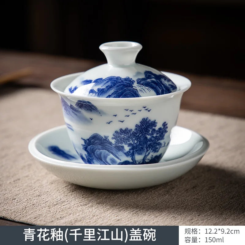 Chinese Blue and White Gaiwan Traditional Gongfu Tea Tureen Ceramic Handmade Teaware Tea Bowl Cups Porcelain Teacups