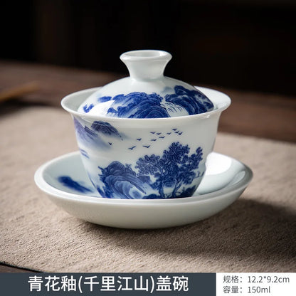 Chinese Blue and White Gaiwan Traditional Gongfu Tea Tureen Ceramic Handmade Teaware Tea Bowl Cups Porcelain Teacups