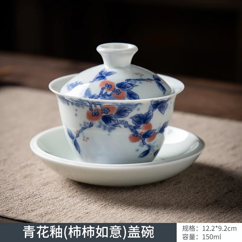 Chinese Blue and White Gaiwan Traditional Gongfu Tea Tureen Ceramic Handmade Teaware Tea Bowl Cups Porcelain Teacups
