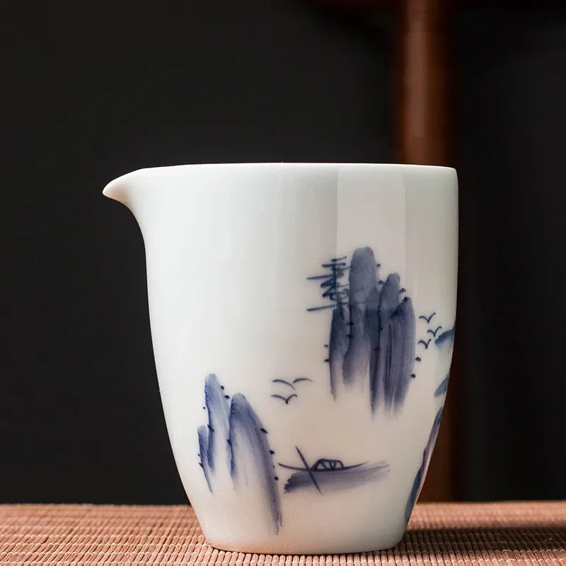 Chinese Blue and White Porcelain Gaiwan Fair Cup Hand Painted Landscape Pattern Ceramic Tea Bowl Teacup Home Teaware Accessories