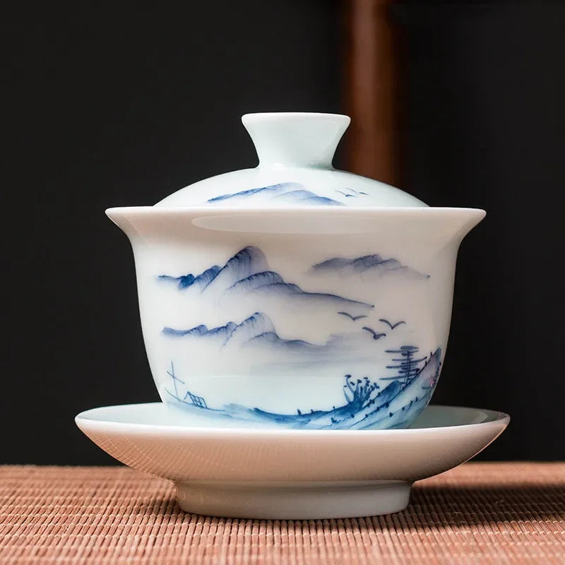 Chinese Blue and White Porcelain Gaiwan Fair Cup Hand Painted Landscape Pattern Ceramic Tea Bowl Teacup Home Teaware Accessories
