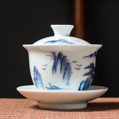 Chinese Blue and White Porcelain Gaiwan Fair Cup Hand Painted Landscape Pattern Ceramic Tea Bowl Teacup Home Teaware Accessories