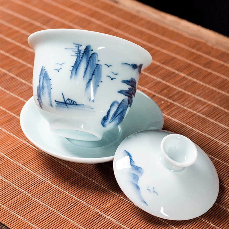 Chinese Blue and White Porcelain Gaiwan Fair Cup Hand Painted Landscape Pattern Ceramic Tea Bowl Teacup Home Teaware Accessories
