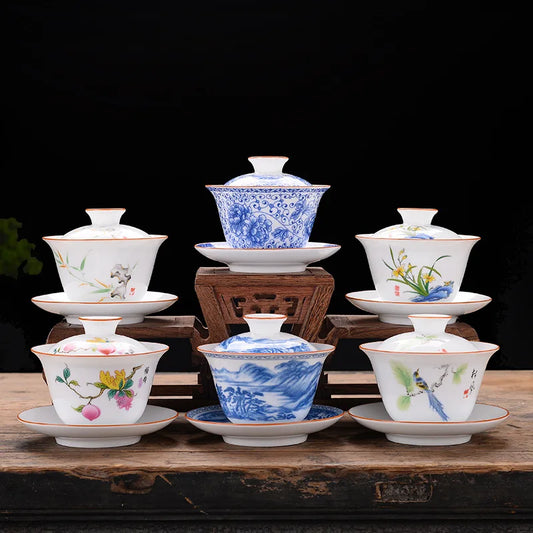 Chinese Blue and White Tea Tureen Ceramic Gaiwan Tea Cup Porcelain Gongfu Teaware Handmade Gai Wan Tea Bowl Set