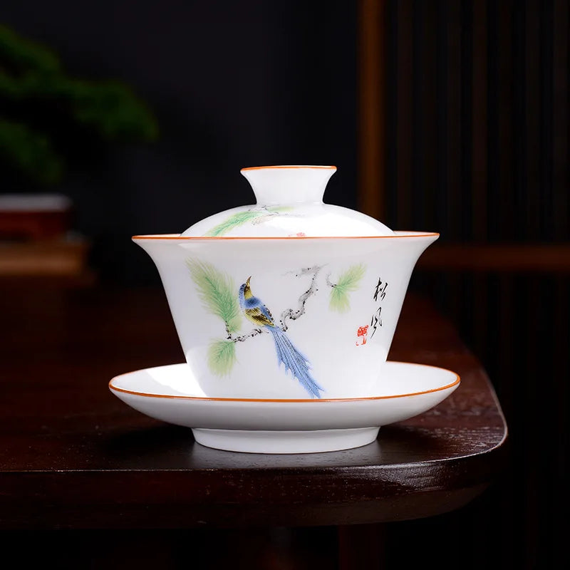 Chinese Blue and White Tea Tureen Ceramic Gaiwan Tea Cup Porcelain Gongfu Teaware Handmade Gai Wan Tea Bowl Set