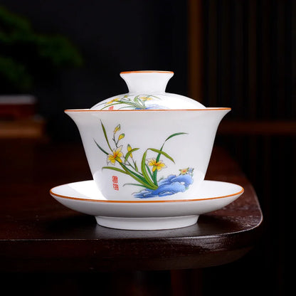 Chinese Blue and White Tea Tureen Ceramic Gaiwan Tea Cup Porcelain Gongfu Teaware Handmade Gai Wan Tea Bowl Set