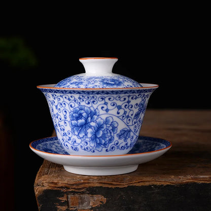 Chinese Blue and White Tea Tureen Ceramic Gaiwan Tea Cup Porcelain Gongfu Teaware Handmade Gai Wan Tea Bowl Set
