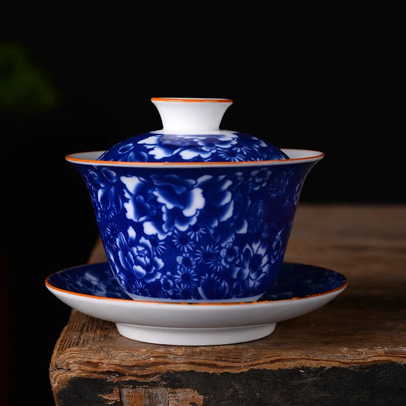 Chinese Blue and White Tea Tureen Ceramic Gaiwan Tea Cup Porcelain Gongfu Teaware Handmade Gai Wan Tea Bowl Set