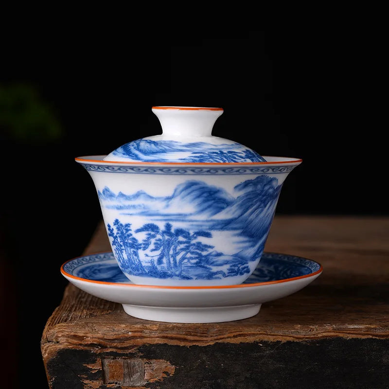 Chinese Blue and White Tea Tureen Ceramic Gaiwan Tea Cup Porcelain Gongfu Teaware Handmade Gai Wan Tea Bowl Set