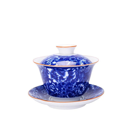 Chinese Blue and White Tea Tureen Ceramic Gaiwan Tea Cup Porcelain Gongfu Teaware Handmade Gai Wan Tea Bowl Set