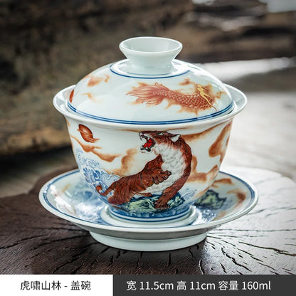 Chinese Blue and white Tea Tureen Ceramic Tea Cups Retro Elegant Sancai Gaiwan Home Decor Porcelain Kung Fu Teaware Teacups