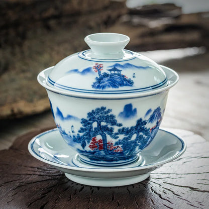 Chinese Blue and white Tea Tureen Ceramic Tea Cups Retro Elegant Sancai Gaiwan Home Decor Porcelain Kung Fu Teaware Teacups