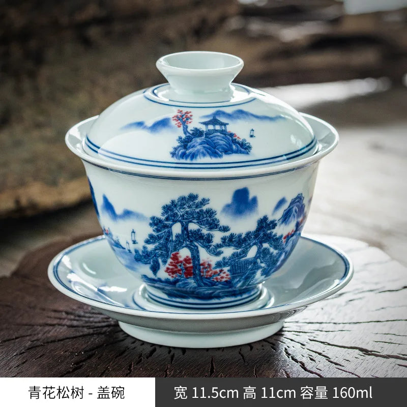 Chinese Blue and white Tea Tureen Ceramic Tea Cups Retro Elegant Sancai Gaiwan Home Decor Porcelain Kung Fu Teaware Teacups