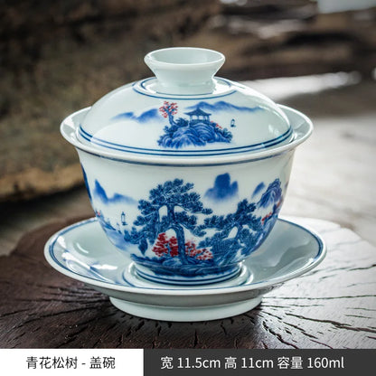 Chinese Blue and white Tea Tureen Ceramic Tea Cups Retro Elegant Sancai Gaiwan Home Decor Porcelain Kung Fu Teaware Teacups