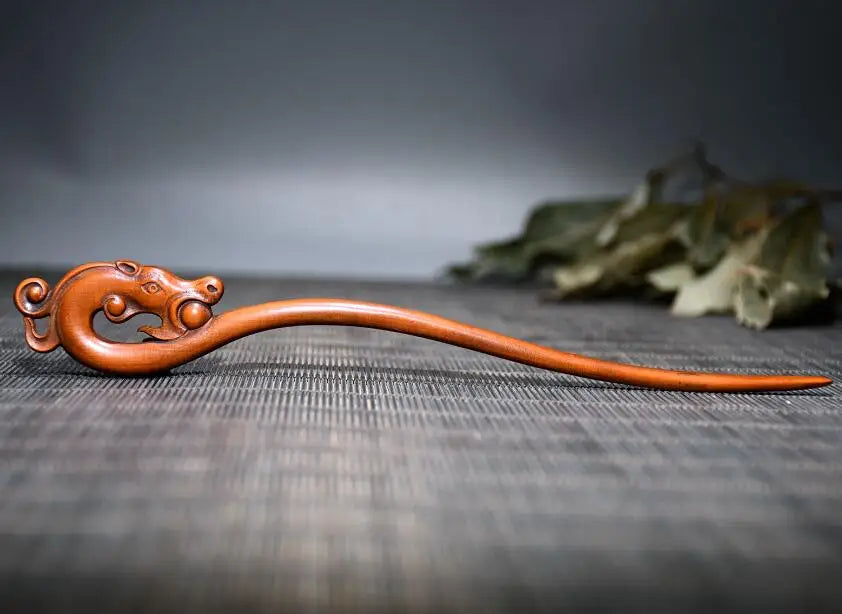 Chinese Boxwood Carved Wood Carving Dragon Hairpin Ornaments Crafts
