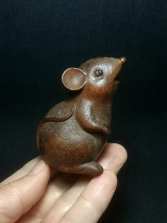 Chinese Boxwood Hand Carved clever mouse figure statue netsuke Decoration Collection gift