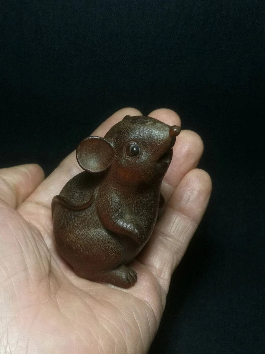 Chinese Boxwood Hand Carved clever mouse figure statue netsuke Decoration Collection gift