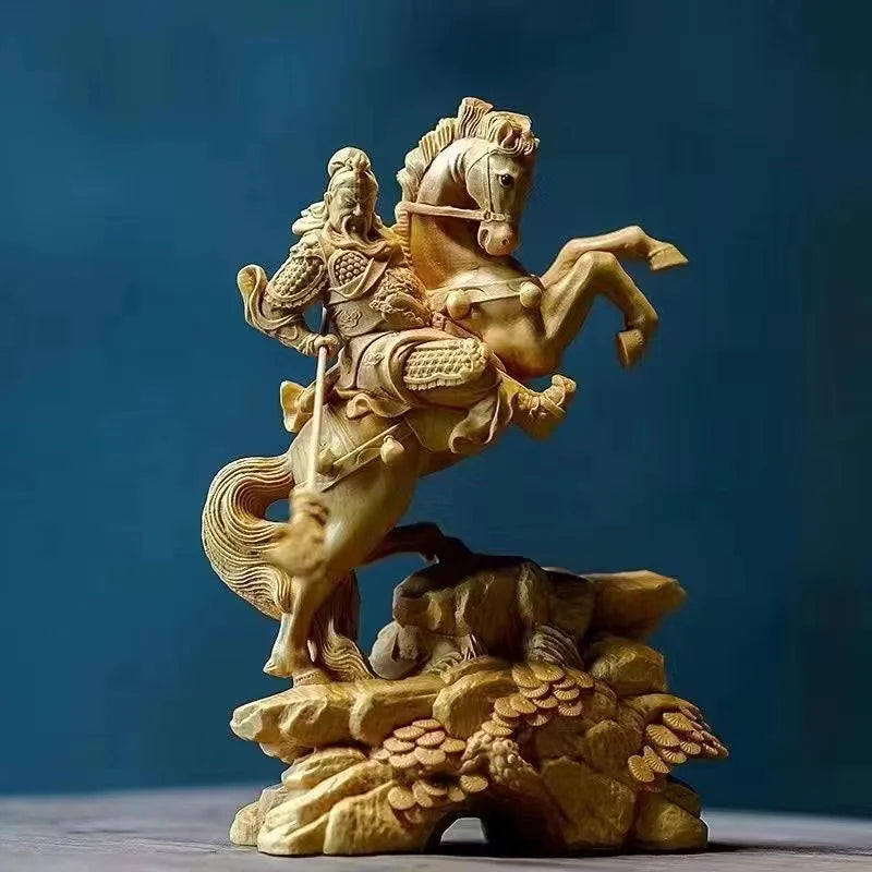 Chinese Boxwood  Three Kingdoms GuanYu Wood Statue Office Decor Wood Sculpture Feng Shui Ornaments