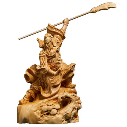 Chinese Boxwood  Three Kingdoms GuanYu Wood Statue Office Decor Wood Sculpture Feng Shui Ornaments