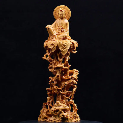 Chinese Boxwood Wood Buddism GuanYin Bodhisattva Statue Solid Wood Feng Shui Ornaments Crafts Gift