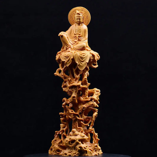 Chinese Boxwood Wood Buddism GuanYin Bodhisattva Statue Solid Wood Feng Shui Ornaments Crafts Gift