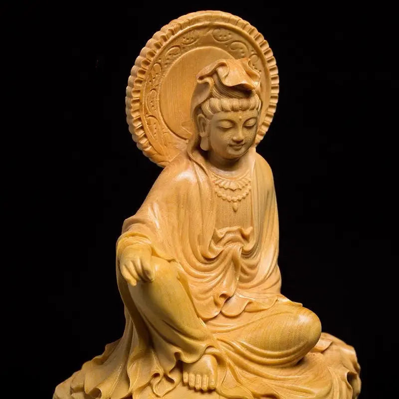Chinese Boxwood Wood Buddism GuanYin Bodhisattva Statue Solid Wood Feng Shui Ornaments Crafts Gift