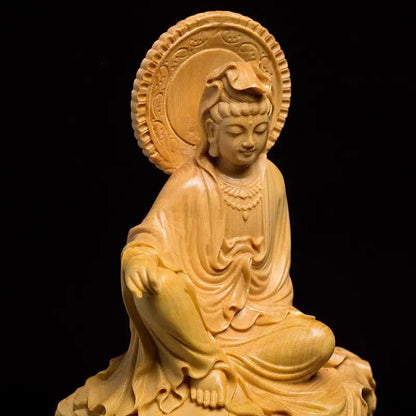 Chinese Boxwood Wood Buddism GuanYin Bodhisattva Statue Solid Wood Feng Shui Ornaments Crafts Gift
