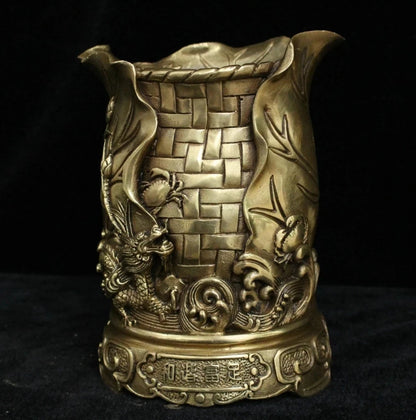 Chinese Brass Bronze Fly Dragon crab lotus leaf wealth brush pot pencil vase