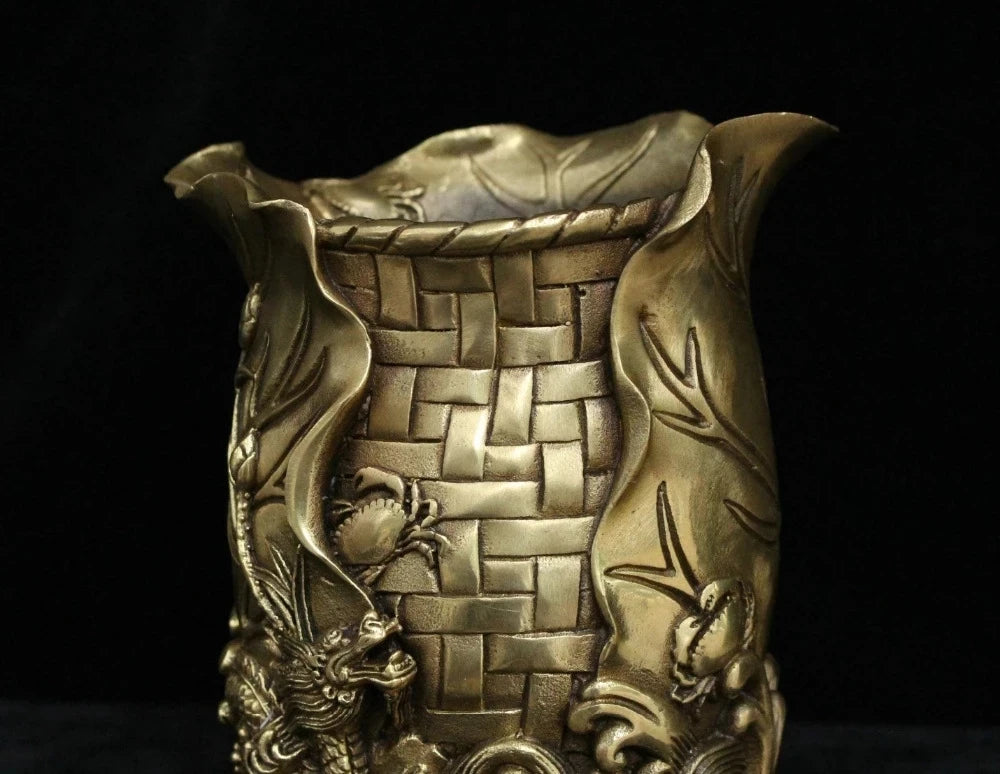 Chinese Brass Bronze Fly Dragon crab lotus leaf wealth brush pot pencil vase