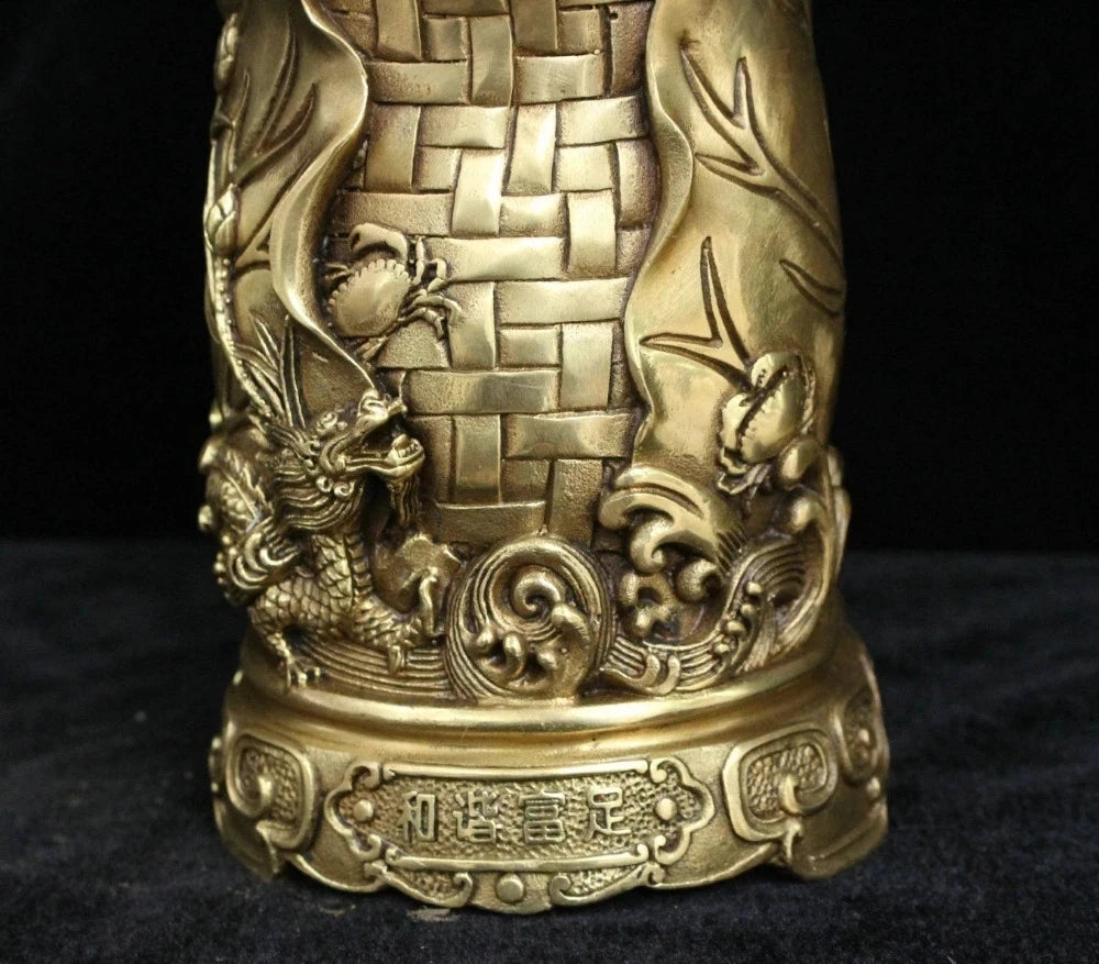 Chinese Brass Bronze Fly Dragon crab lotus leaf wealth brush pot pencil vase