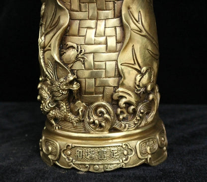 Chinese Brass Bronze Fly Dragon crab lotus leaf wealth brush pot pencil vase