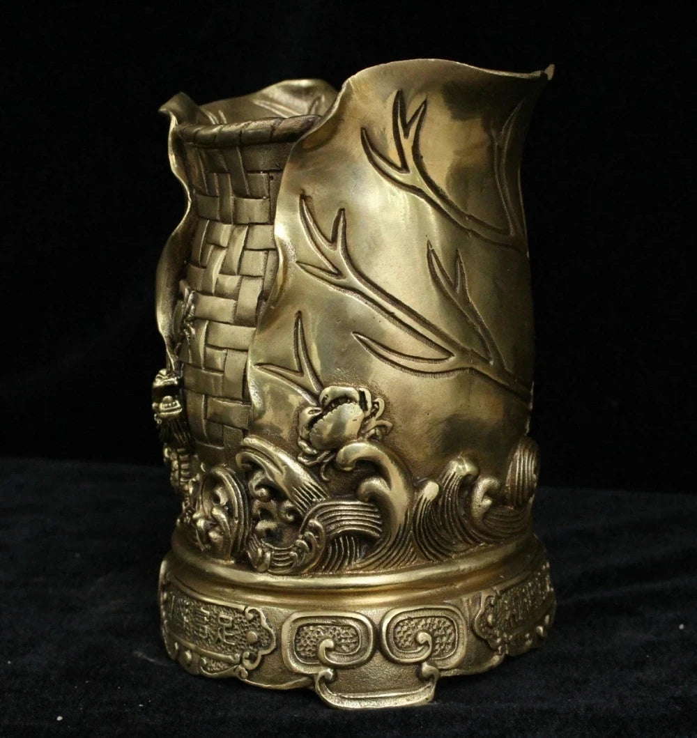 Chinese Brass Bronze Fly Dragon crab lotus leaf wealth brush pot pencil vase