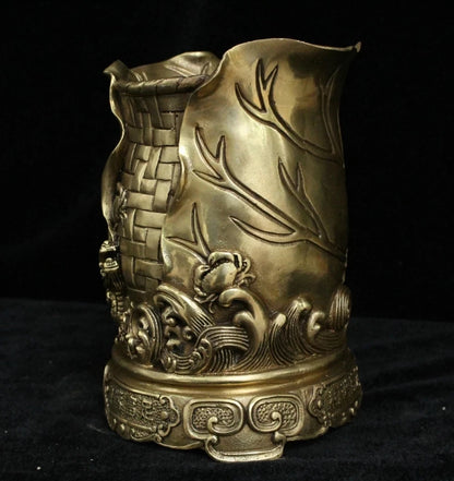 Chinese Brass Bronze Fly Dragon crab lotus leaf wealth brush pot pencil vase