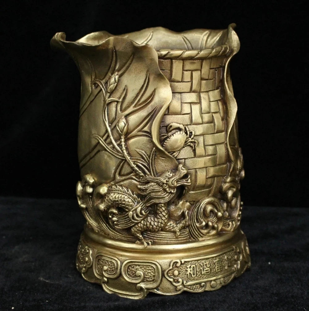 Chinese Brass Bronze Fly Dragon crab lotus leaf wealth brush pot pencil vase