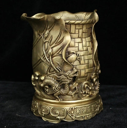 Chinese Brass Bronze Fly Dragon crab lotus leaf wealth brush pot pencil vase
