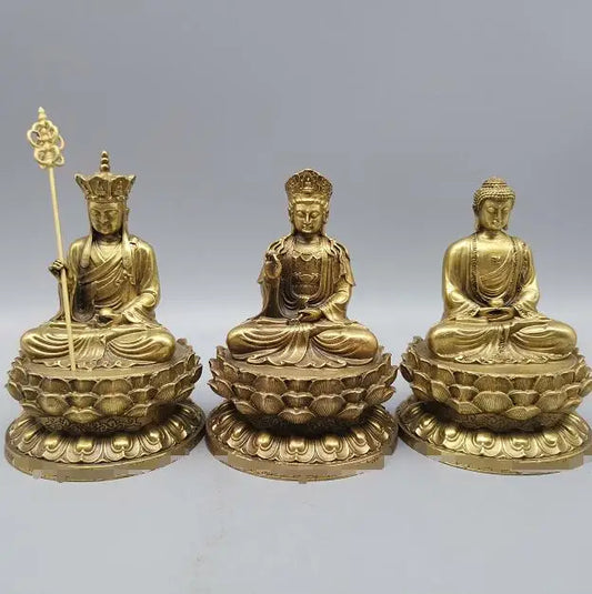 Chinese Brass Buddha Statue Shakyamuni Ksitigarbha Guanyin Bodhisattva Statue Set Copper