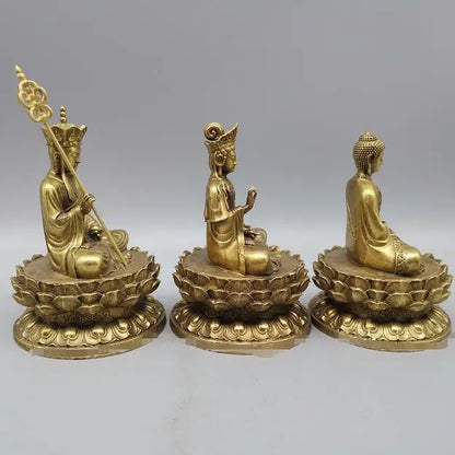 Chinese Brass Buddha Statue Shakyamuni Ksitigarbha Guanyin Bodhisattva Statue Set Copper