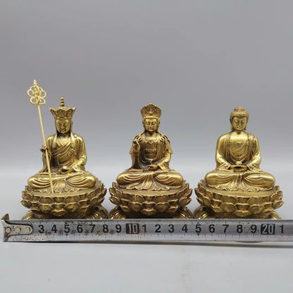 Chinese Brass Buddha Statue Shakyamuni Ksitigarbha Guanyin Bodhisattva Statue Set Copper