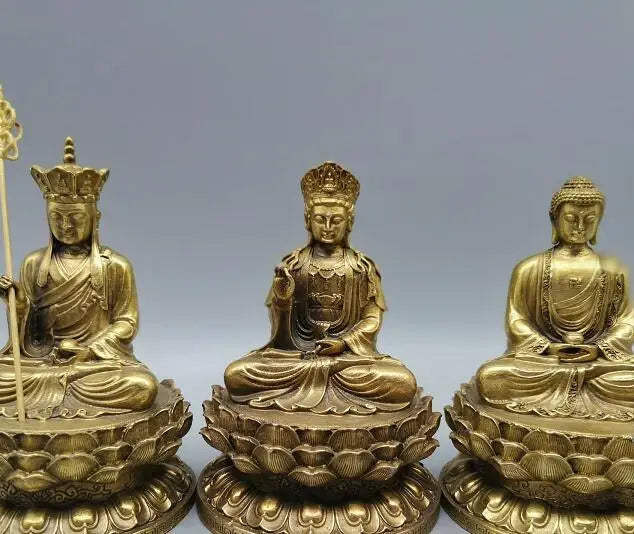 Chinese Brass Buddha Statue Shakyamuni Ksitigarbha Guanyin Bodhisattva Statue Set Copper