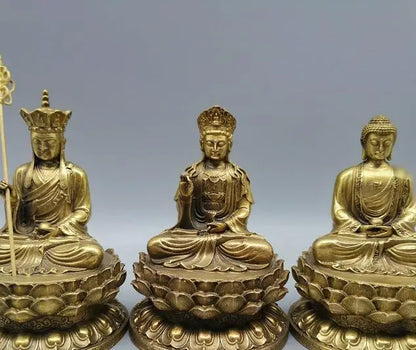 Chinese Brass Buddha Statue Shakyamuni Ksitigarbha Guanyin Bodhisattva Statue Set Copper