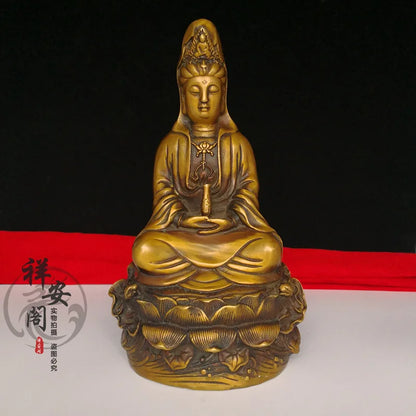 Chinese Brass Buddhism Temple lotus Kwan-Yin Guanyin Bodhisattva Buddha Statue Decoration