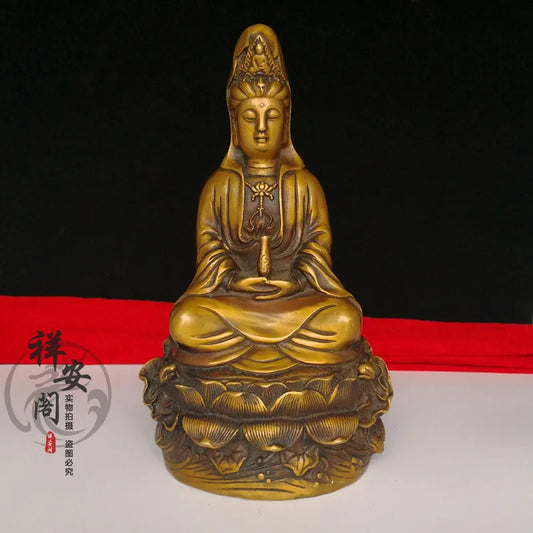 Chinese Brass Buddhism Temple lotus Kwan-Yin Guanyin Bodhisattva Buddha Statue Decoration