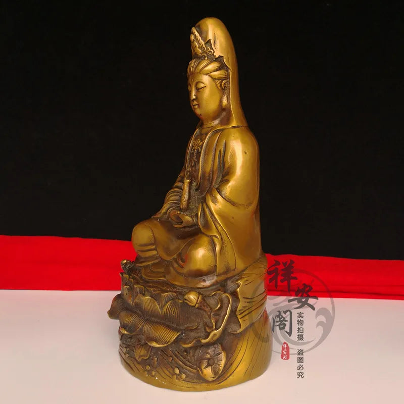 Chinese Brass Buddhism Temple lotus Kwan-Yin Guanyin Bodhisattva Buddha Statue Decoration
