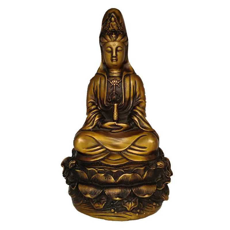 Chinese Brass Buddhism Temple lotus Kwan-Yin Guanyin Bodhisattva Buddha Statue Decoration