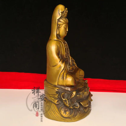 Chinese Brass Buddhism Temple lotus Kwan-Yin Guanyin Bodhisattva Buddha Statue Decoration