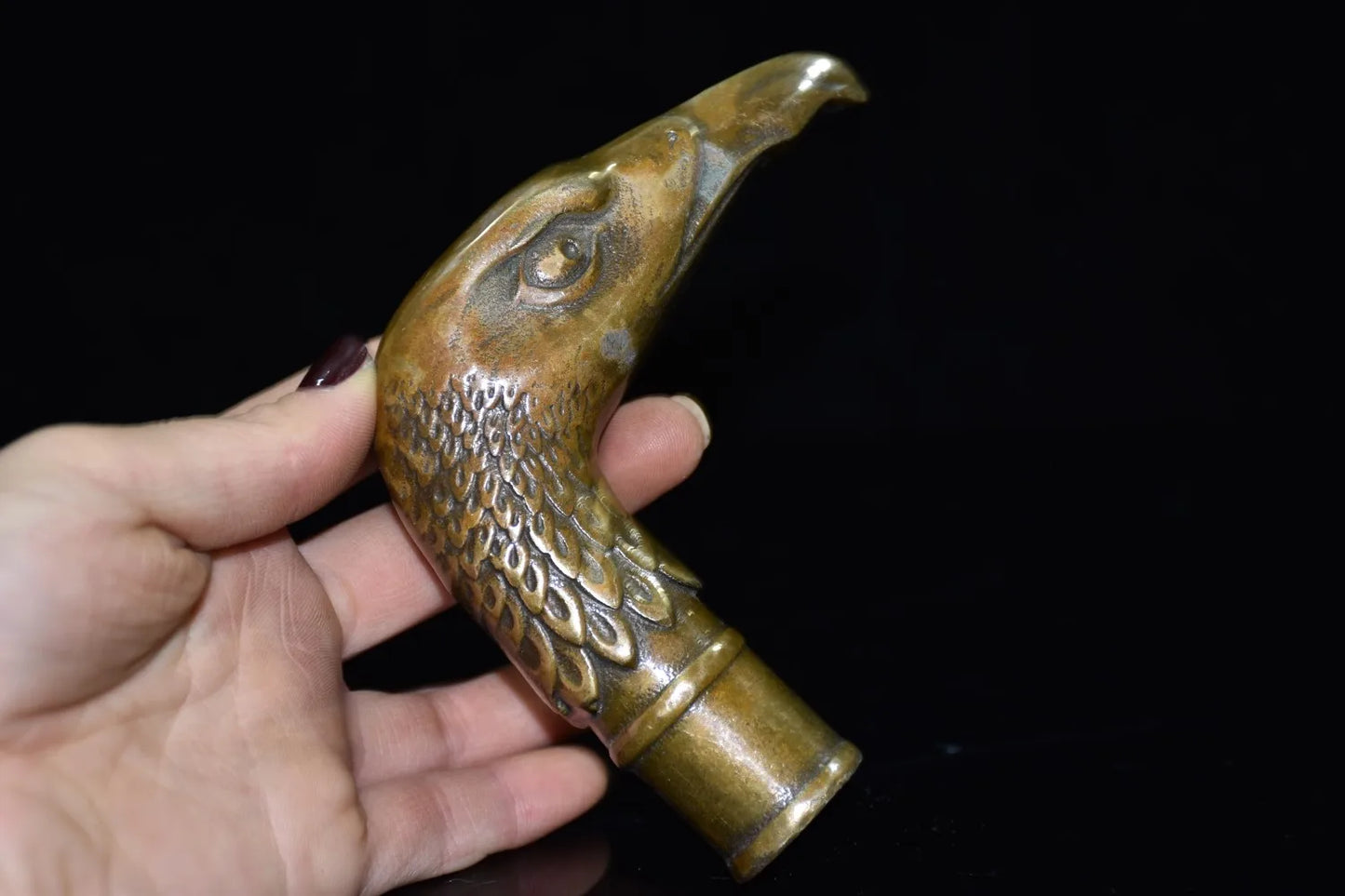 Chinese Brass Copper Hand carved Cane Walking Stick Head Handle eagle Statue