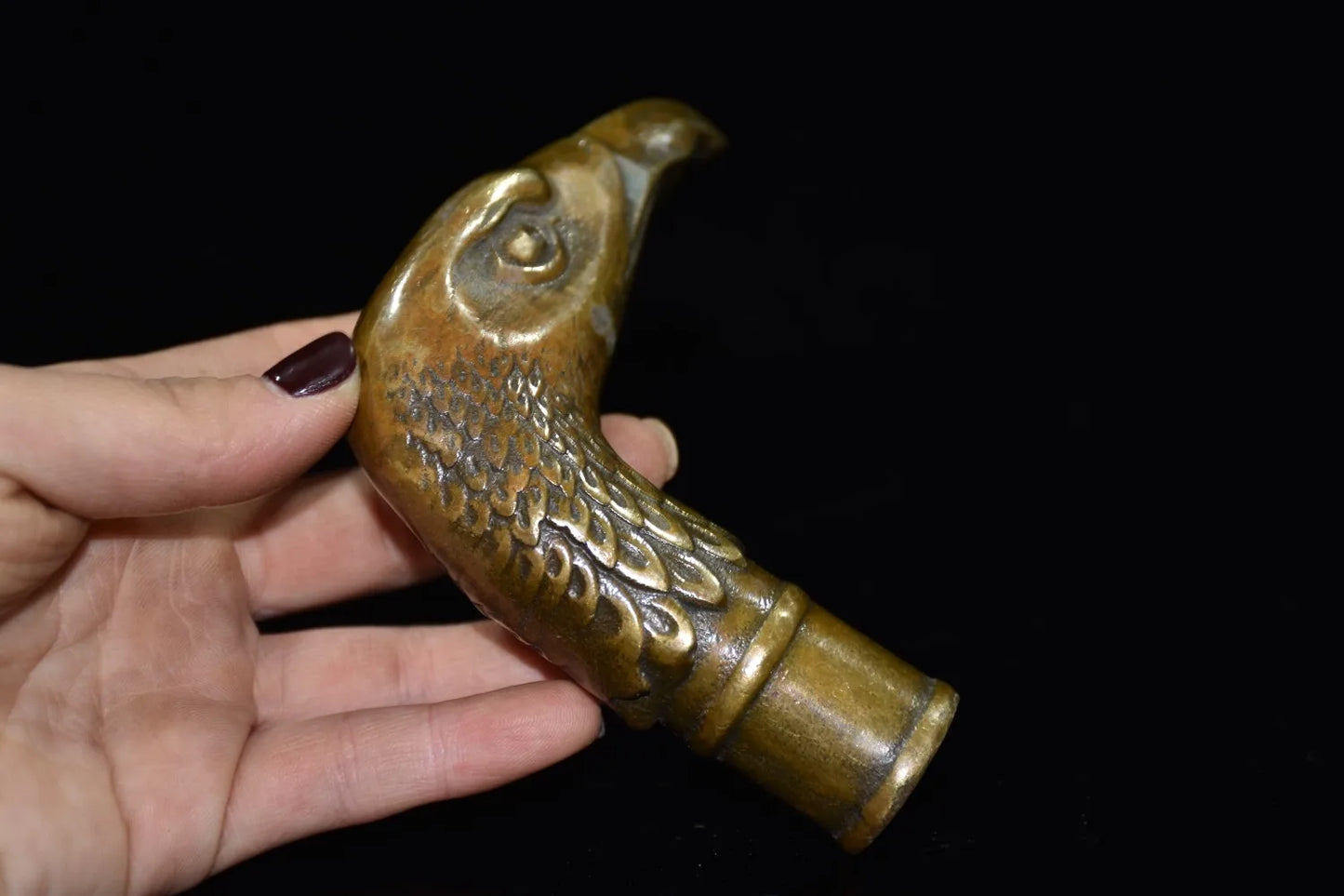 Chinese Brass Copper Hand carved Cane Walking Stick Head Handle eagle Statue