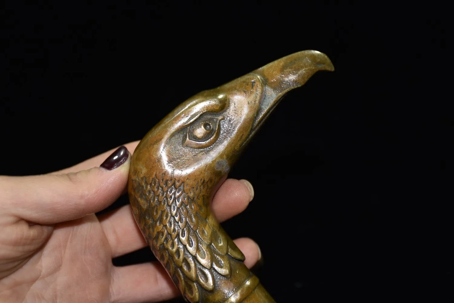 Chinese Brass Copper Hand carved Cane Walking Stick Head Handle eagle Statue