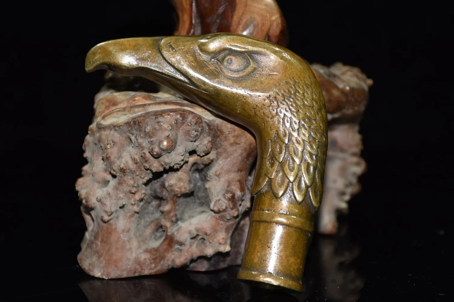 Chinese Brass Copper Hand carved Cane Walking Stick Head Handle eagle Statue